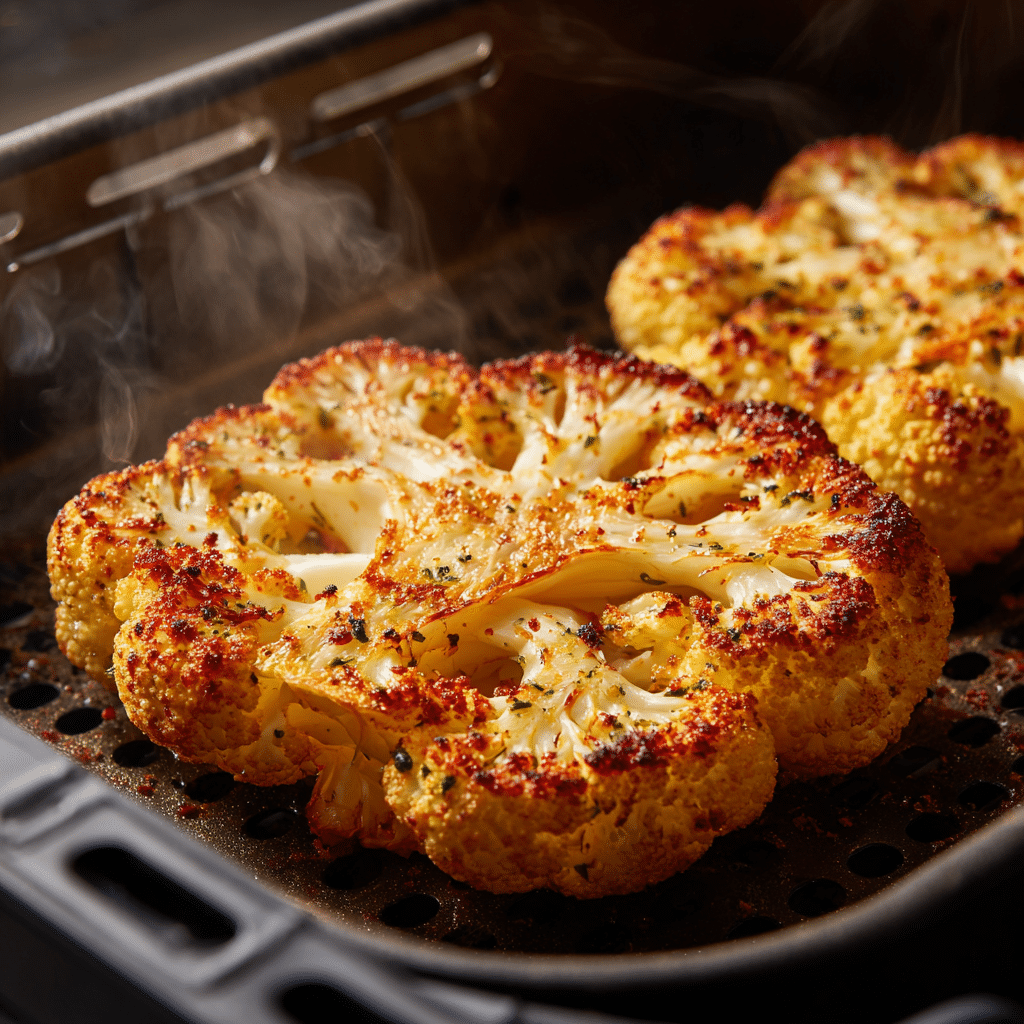 “Cauliflower steaks cooking in an air fryer basket with crisp golden edges.”