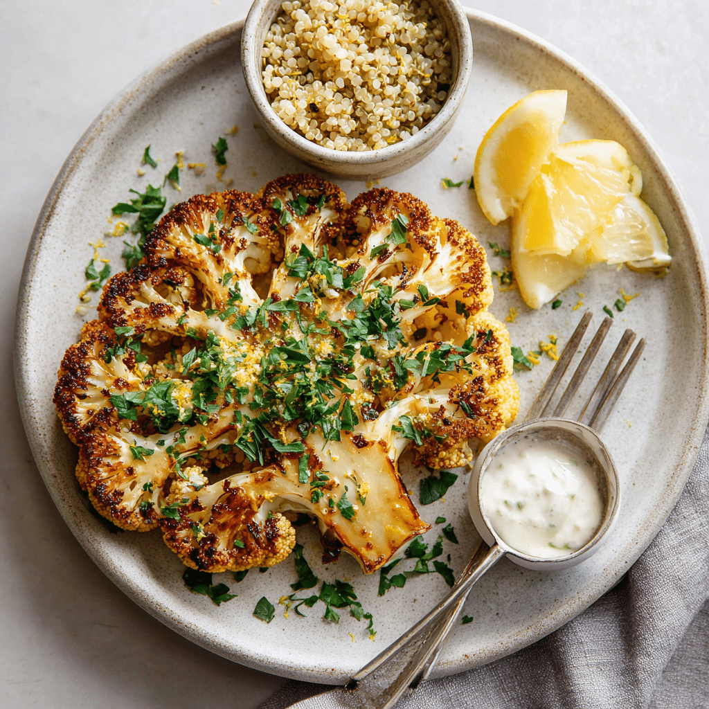 “Air Fryer Cauliflower Steaks served on a rustic ceramic plate with crispy edges, fresh herbs, lemon zest, and a side of quinoa.”