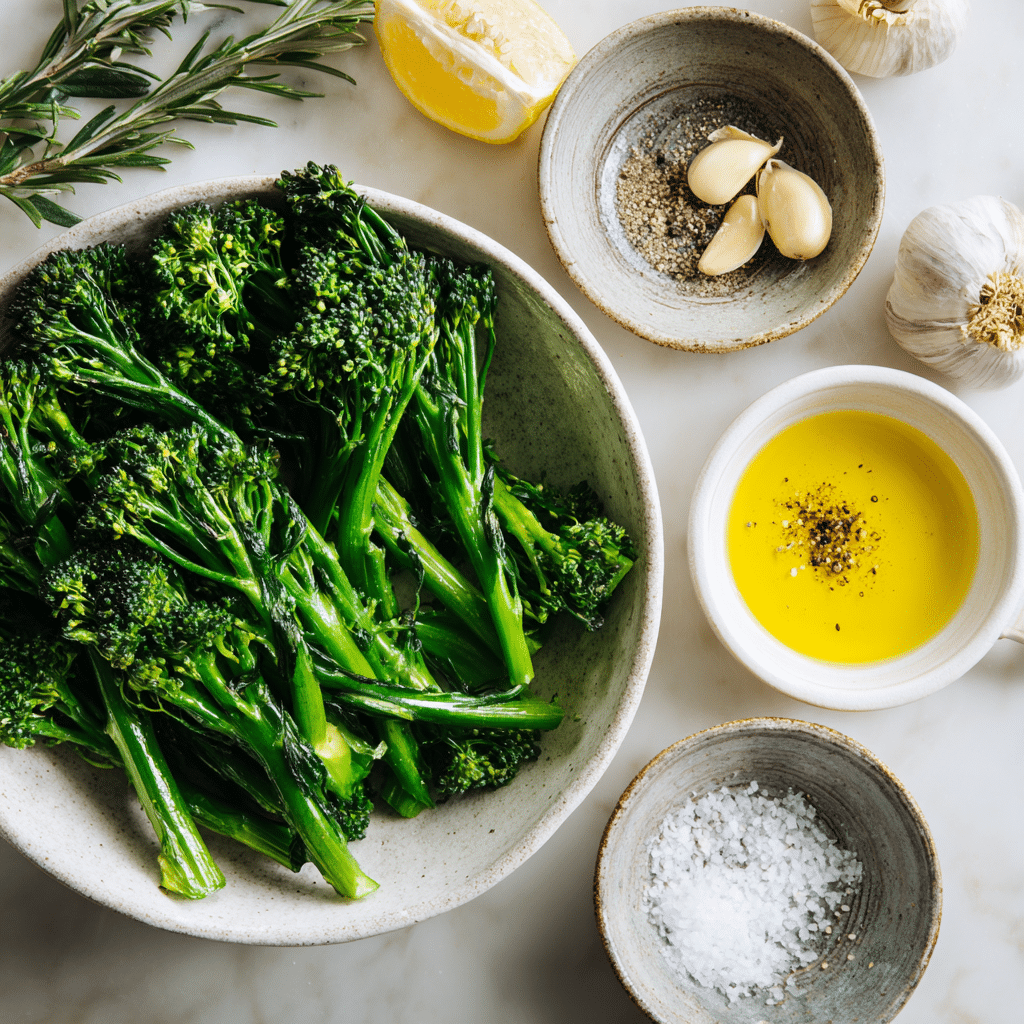 “Air Fryer Broccolini ingredients – fresh broccolini with oil and garlic ready to season”