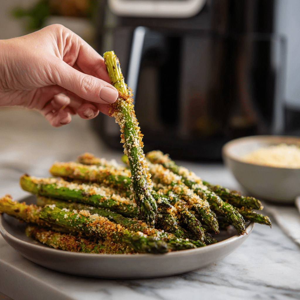 "Dipping asparagus spears into seasoned breadcrumb coating before air frying"