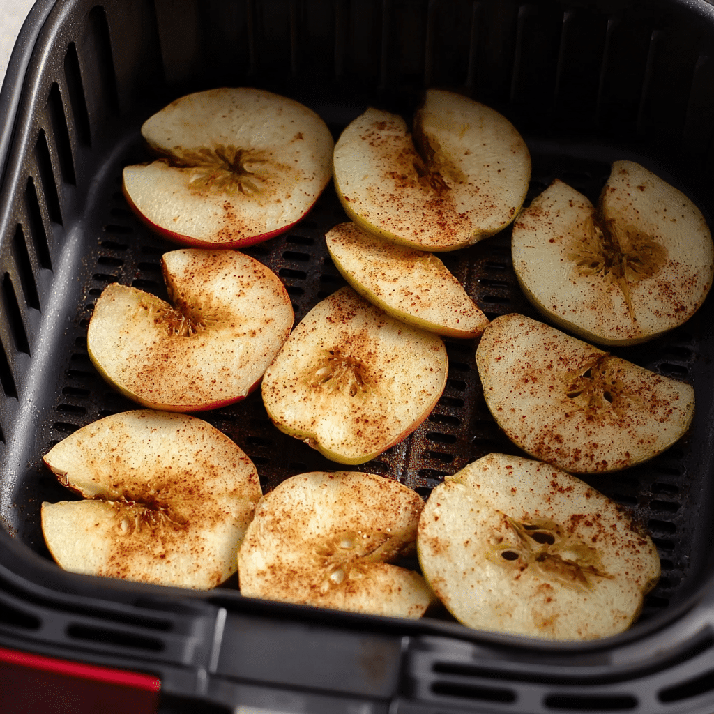 “Apple slices cooking in an air fryer basket with cinnamon, showing golden edges during mid-cook”