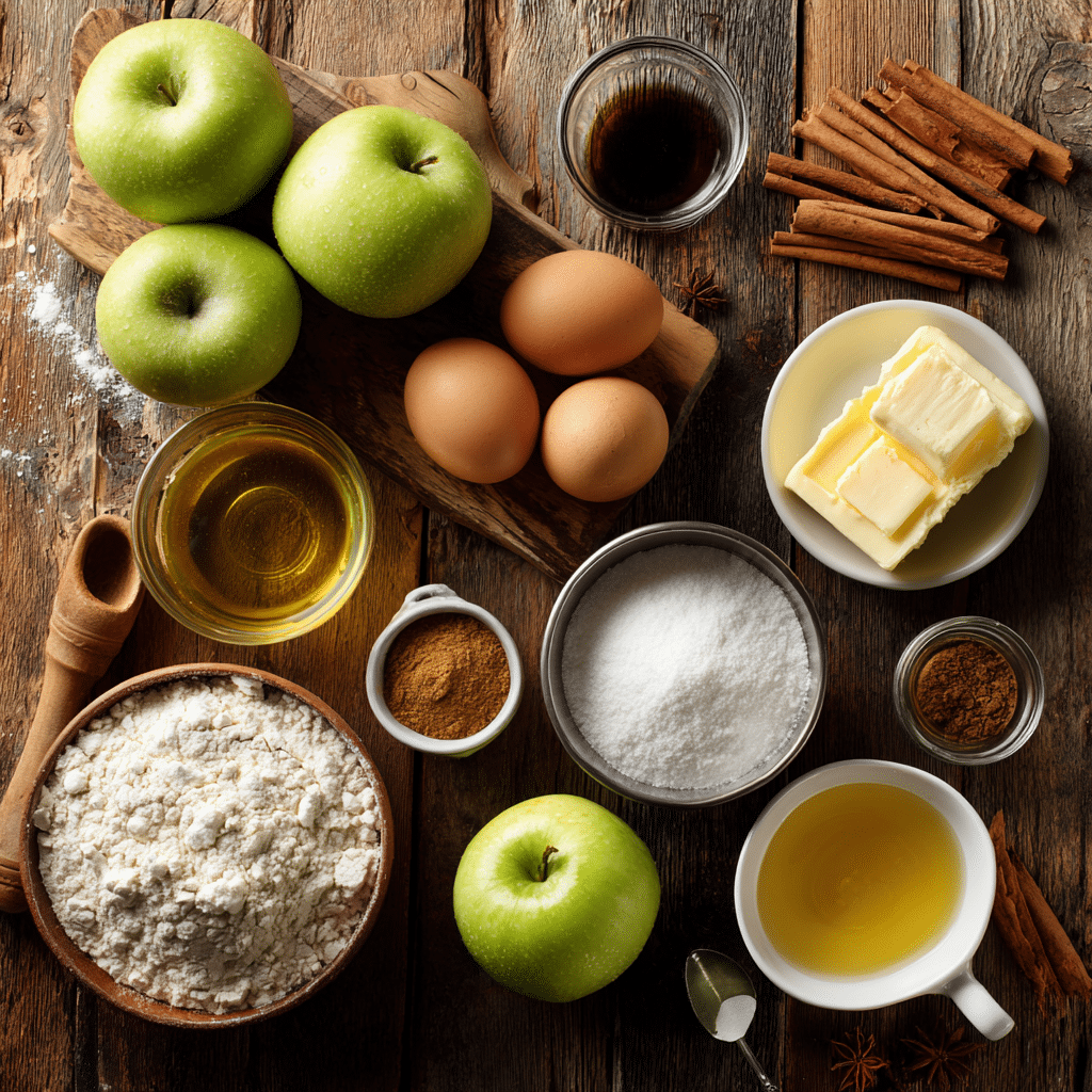 “Ingredients for Air Fryer Apple Fritters including Granny Smith apples, flour, sugar, cinnamon, and eggs on a rustic table”