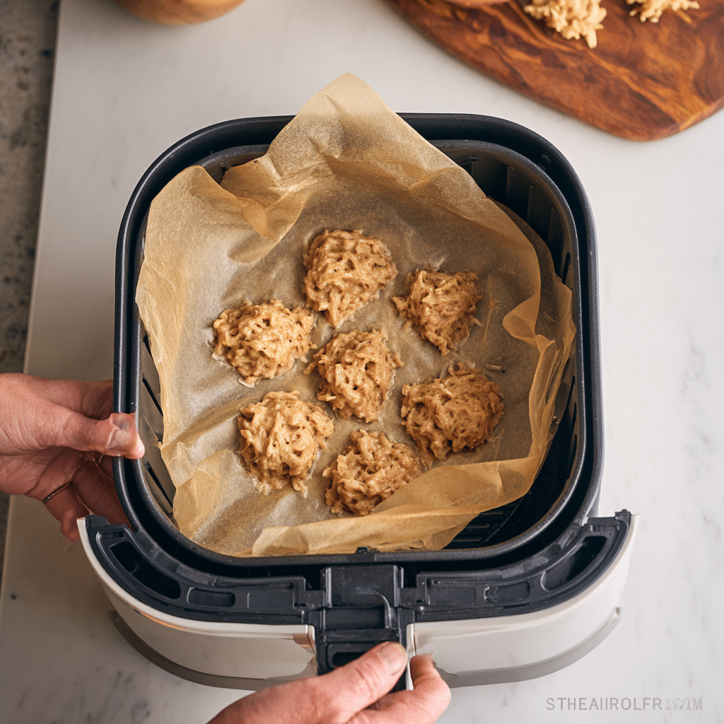 “Placing Air Fryer Apple Fritters into a parchment-lined air fryer basket for cooking”