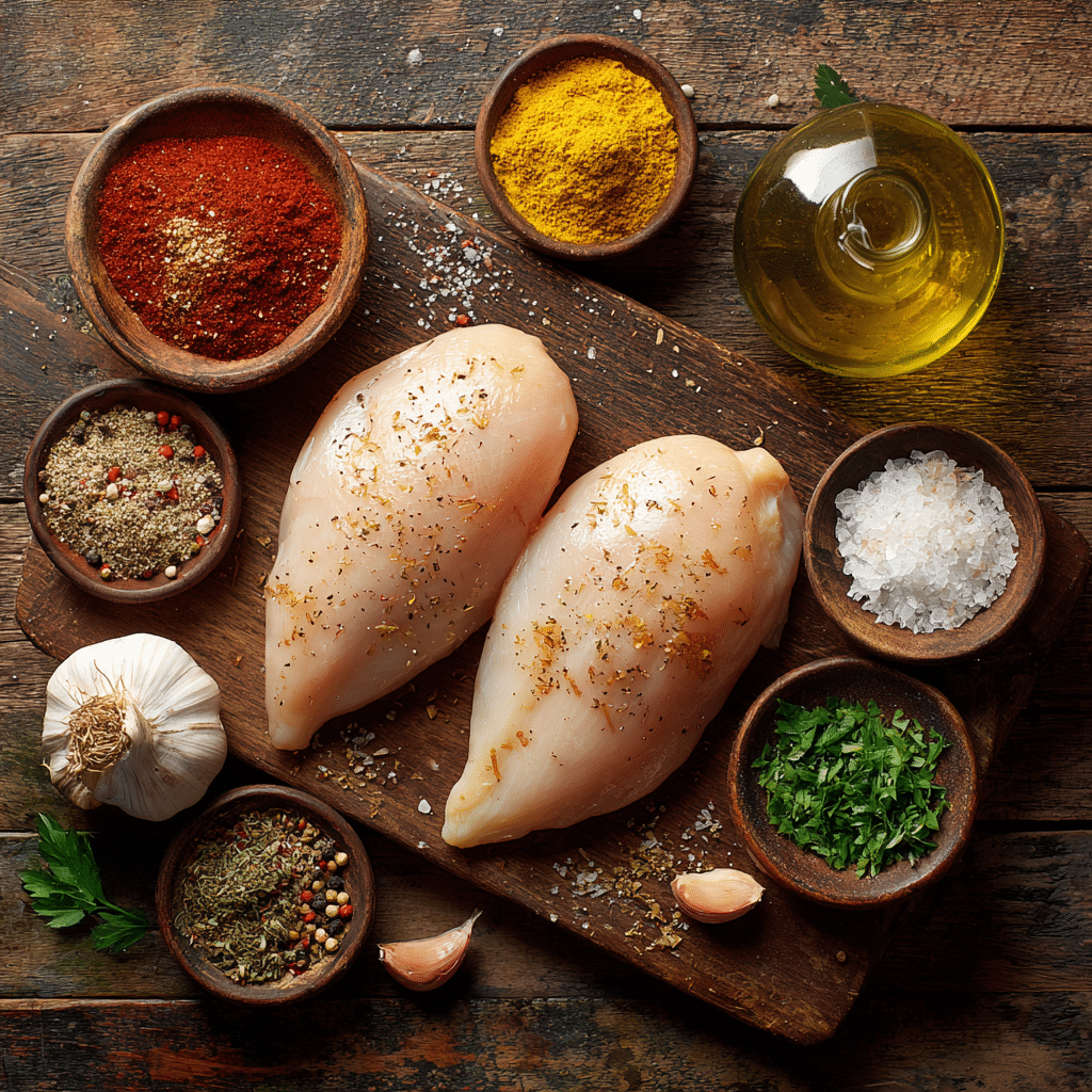 Air Fryer Chicken Breast: 25-Minute Epic Dinner Win 6 Ingredients for Air Fryer Chicken Breast recipe displayed neatly on a wooden board”