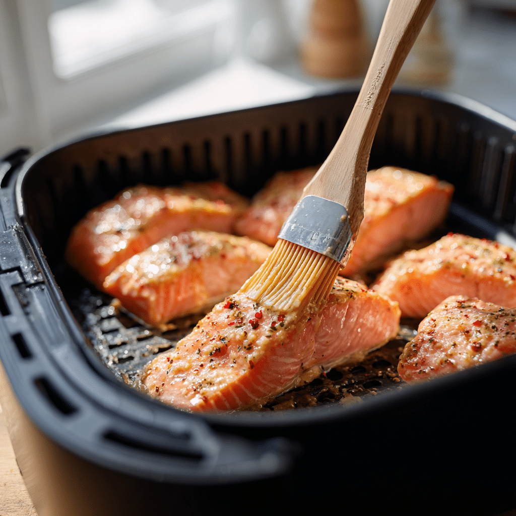 Brushing honey mustard glaze over salmon fillets in an air fryer basket.