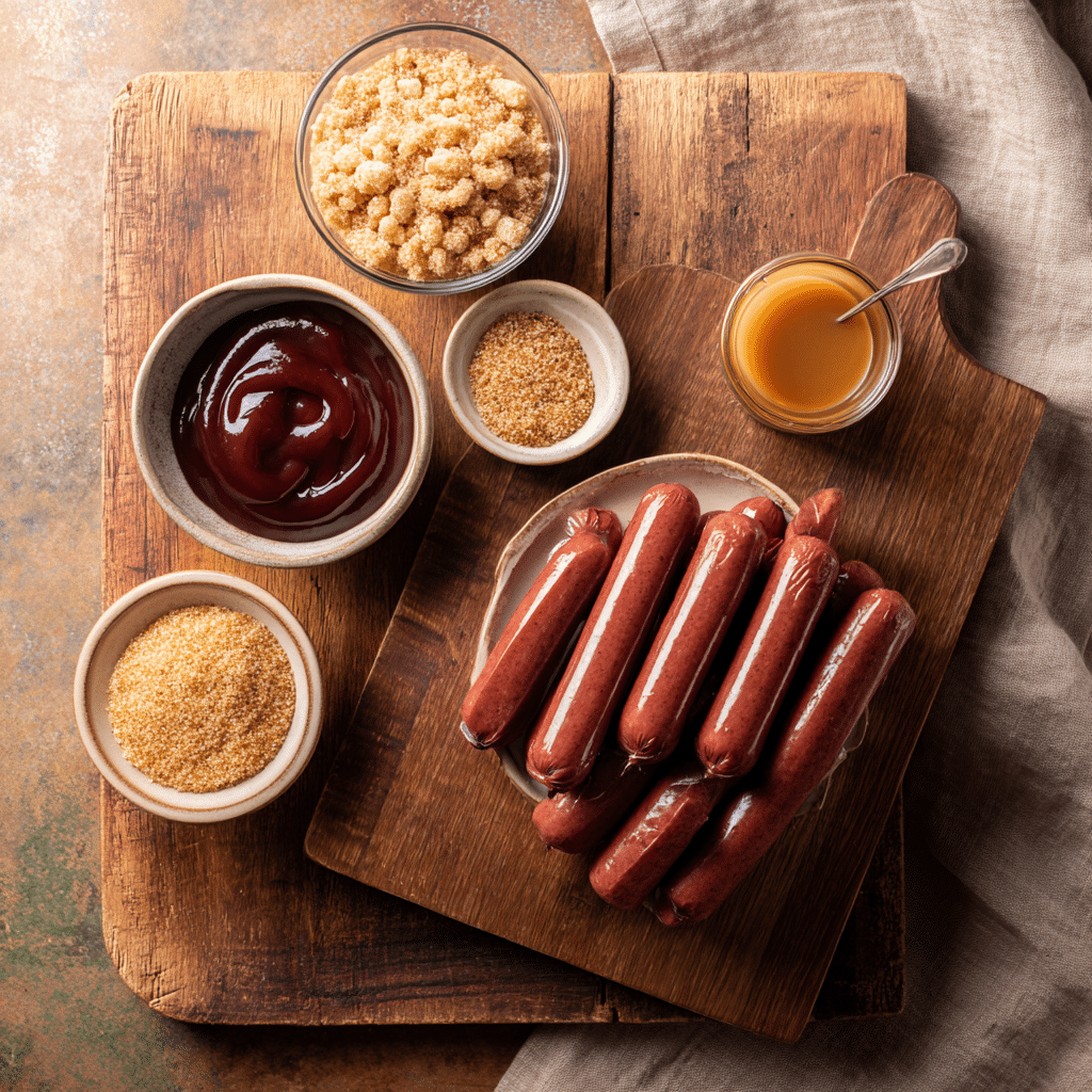 “Ingredients for Air Fryer BBQ Little Smokies including Lit’l Smokies, BBQ sauce, and brown sugar on a wooden cutting board.”