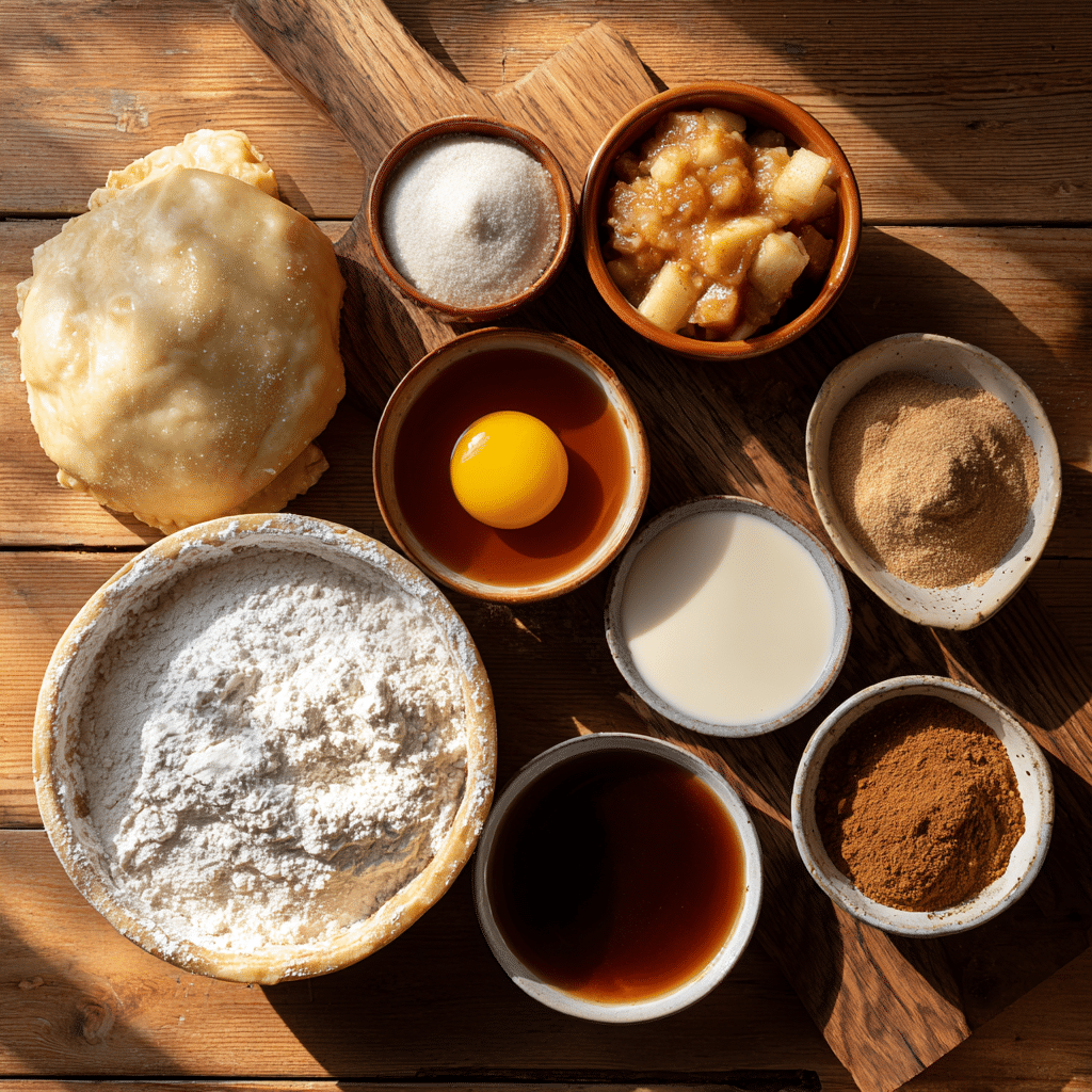 Air Fryer Apple Hand Pies ingredients arranged on a wooden counter before cooking.
