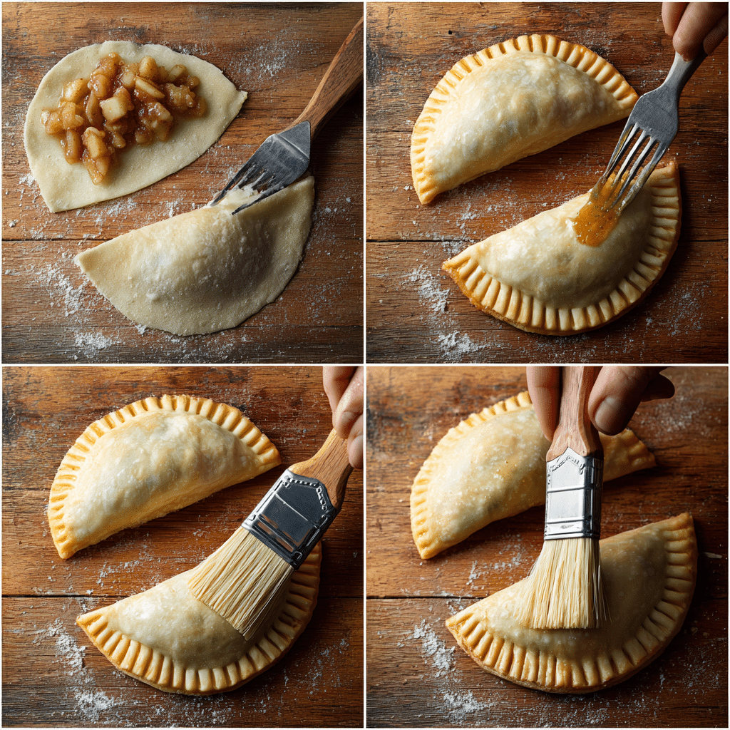 Preparing Air Fryer Apple Hand Pies: filling, folding, sealing, and brushing with egg wash before cooking.