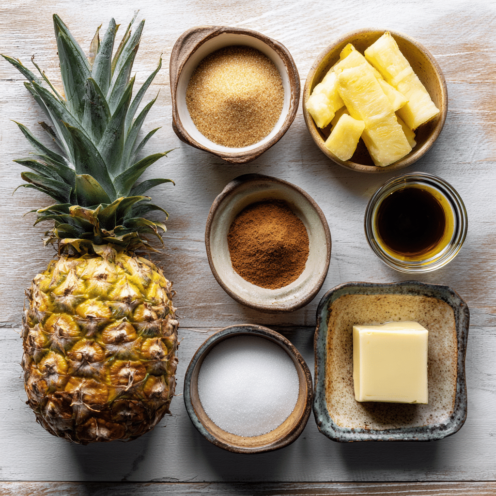“Ingredients for air fryer grilled pineapple arranged in bowls on wooden countertop.”