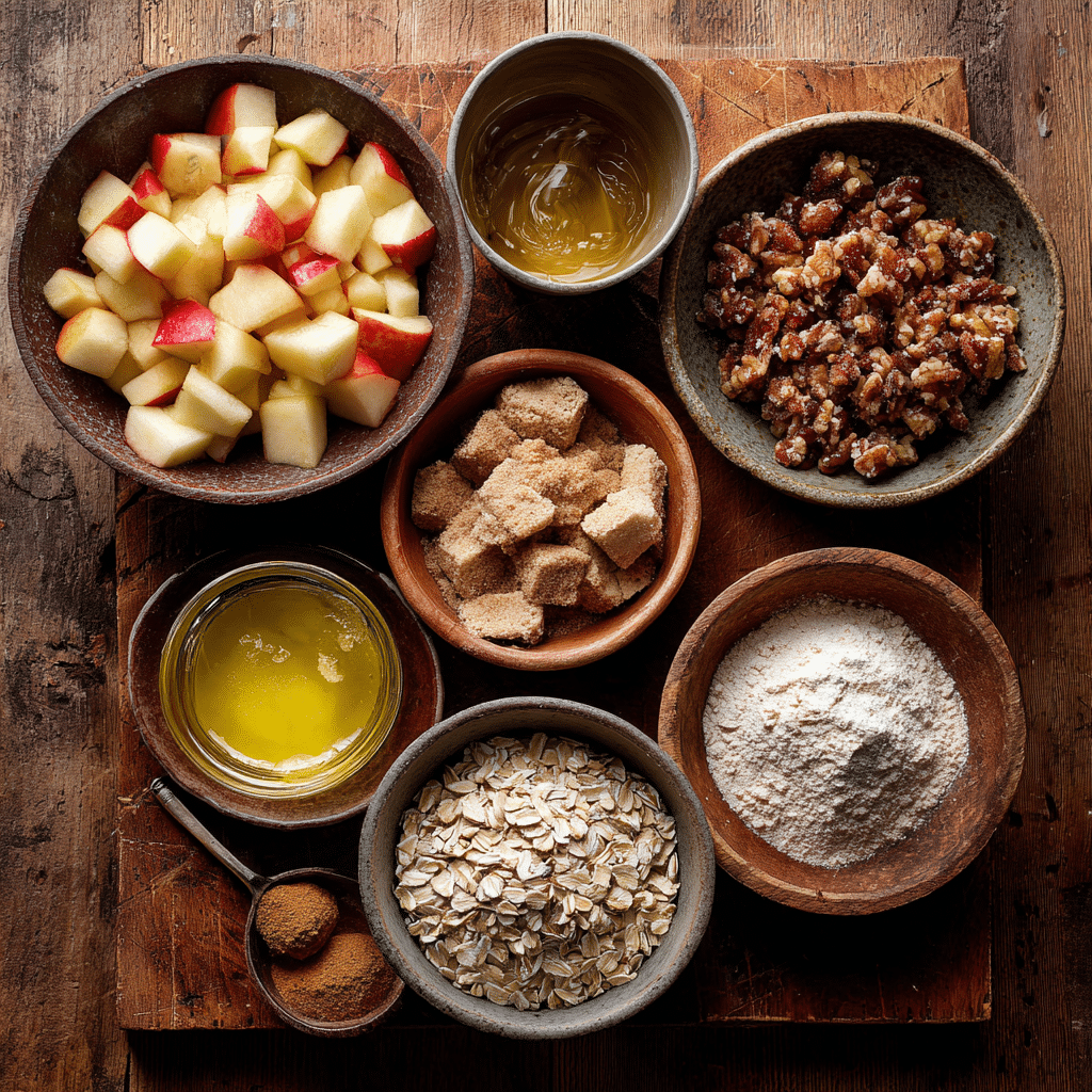 Air Fryer Apple Crisp ingredients laid out: diced apples, oats, butter, brown sugar, cinnamon, flour, and lemon juice.