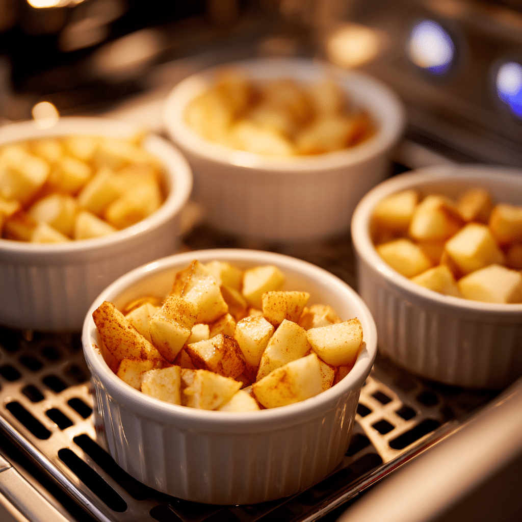Air Fryer Apple Crisp cooking in white ramekins inside air fryer basket – apples softening before topping is added.