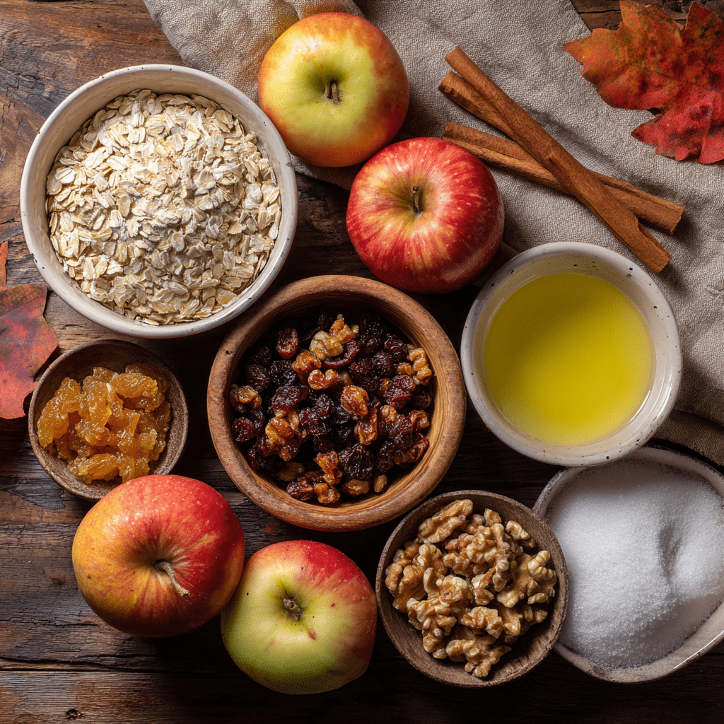 Ingredients for air fryer baked apples including apples, oats, raisins, brown sugar, cinnamon, and walnuts on a wooden counter.