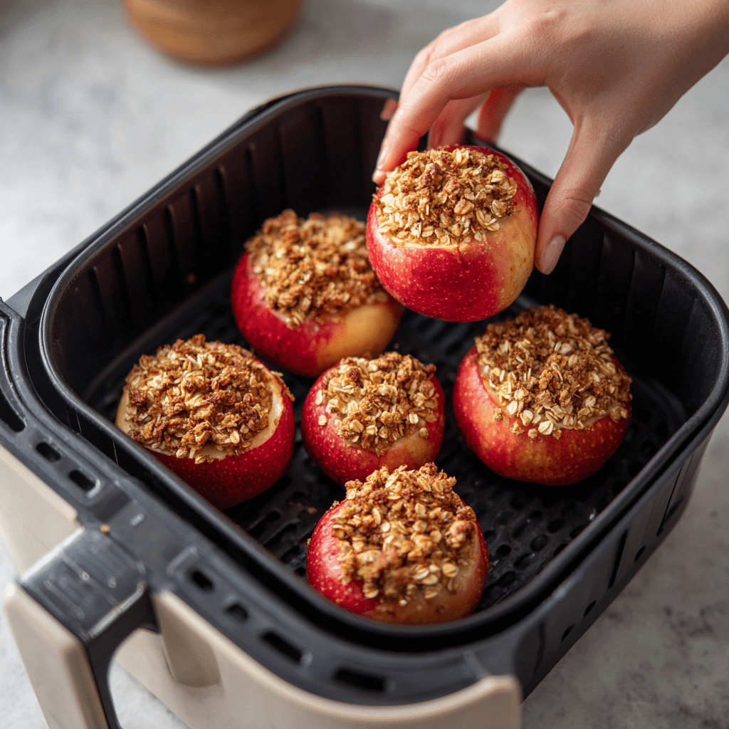 Filled apples with oats and cinnamon being placed into an air fryer basket before cooking.