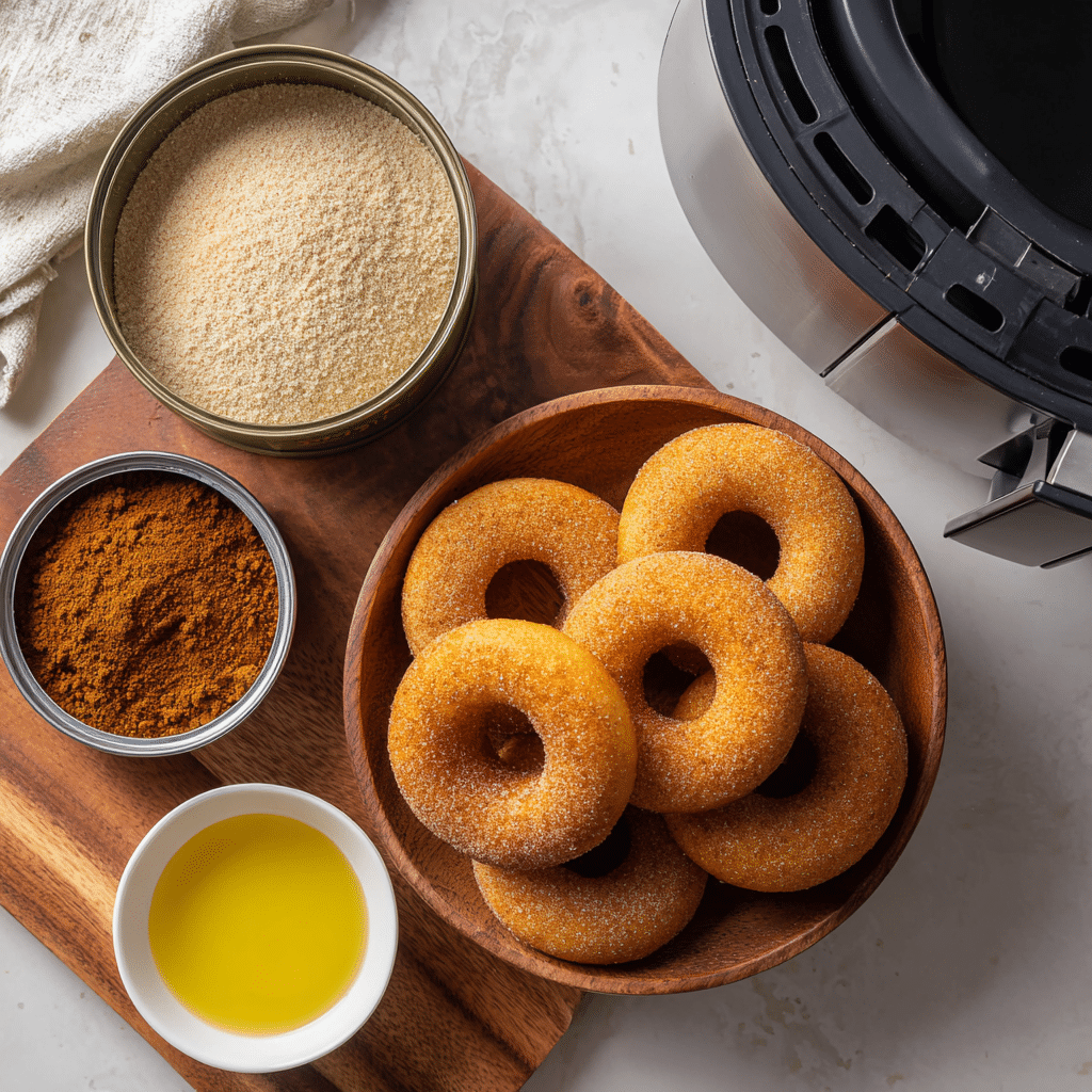 Ingredients for Air Fryer Donuts including biscuit dough, melted butter, cinnamon, and sugar on a wooden surface.