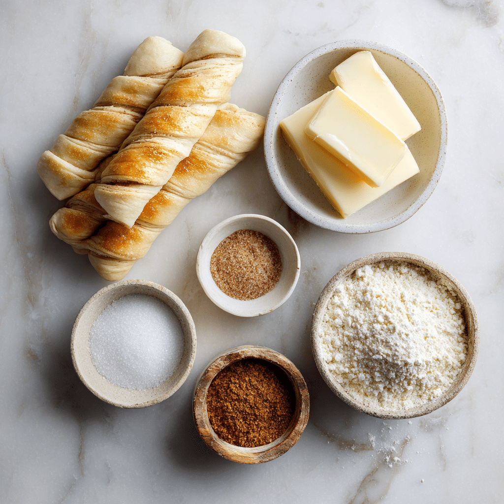 Ingredients for Air Fryer Cinnamon Twists including crescent roll dough, cinnamon, sugar, and butter on a kitchen counter”
