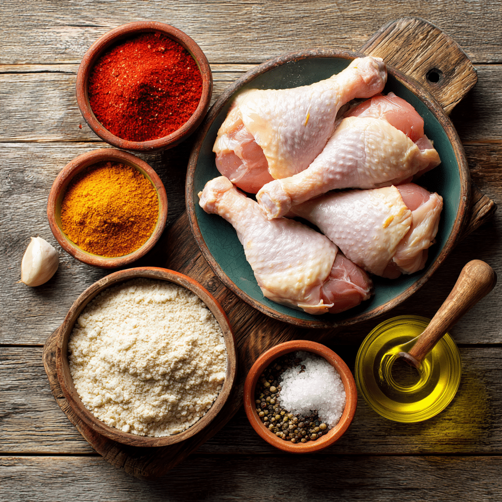“Ingredients for air fryer chicken drumsticks including spices, flour, and olive oil on a rustic kitchen counter”
