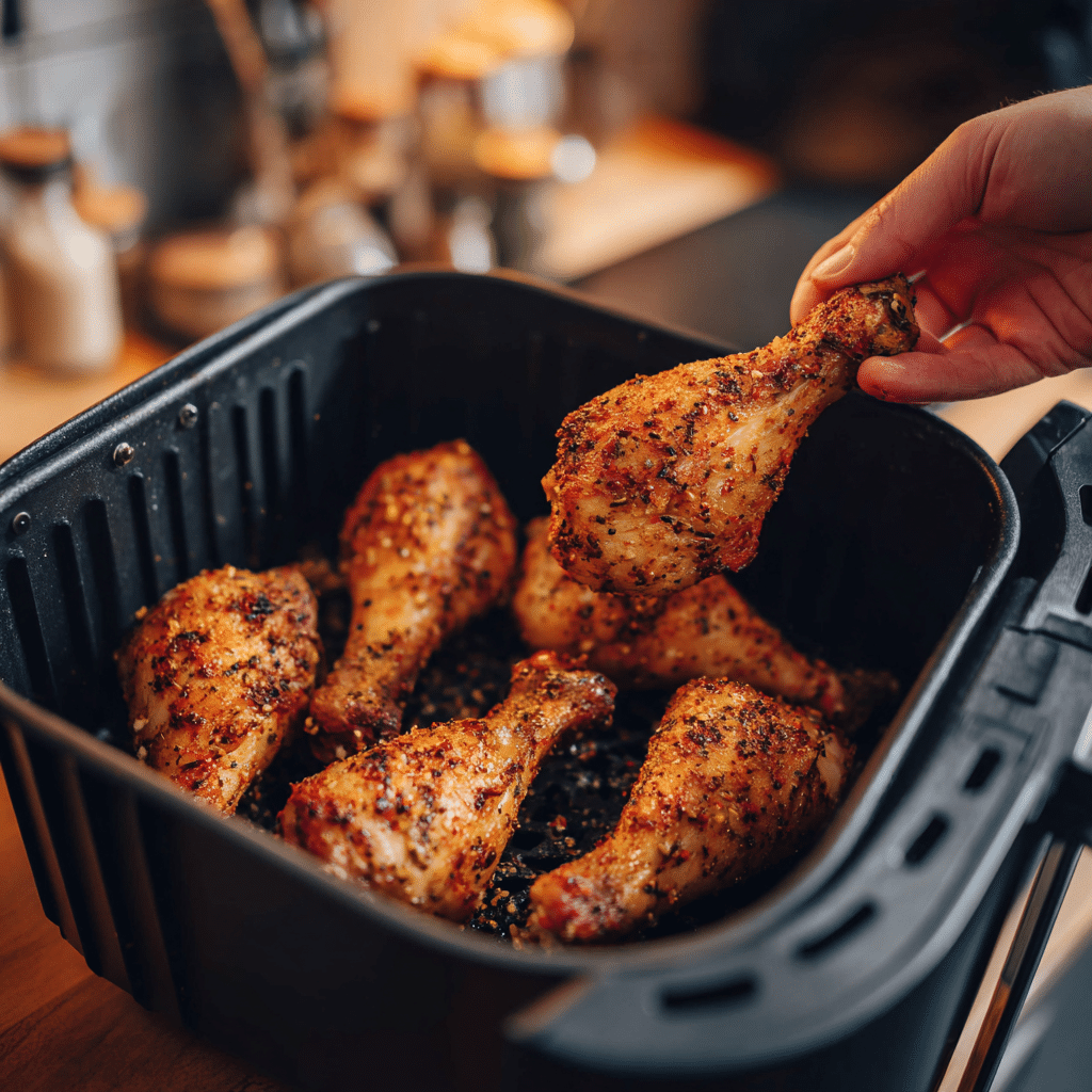 “Hand placing seasoned chicken drumsticks into air fryer basket for cooking at 400 degrees”