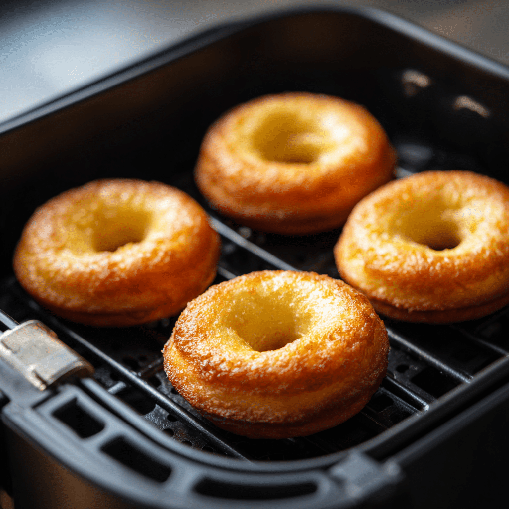 Donuts turning golden brown in an air fryer basket during cooking.
