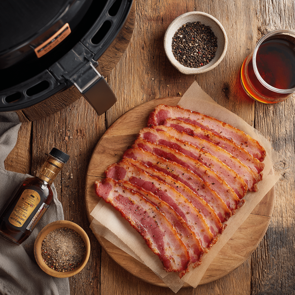 “Air Fryer Turkey Bacon ingredients including turkey bacon slices, seasoning options, and air fryer equipment”