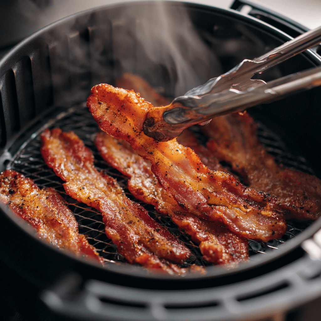 “Air Fryer Turkey Bacon halfway through cooking at 350 degrees, flipped for even crisping in a basket air fryer”