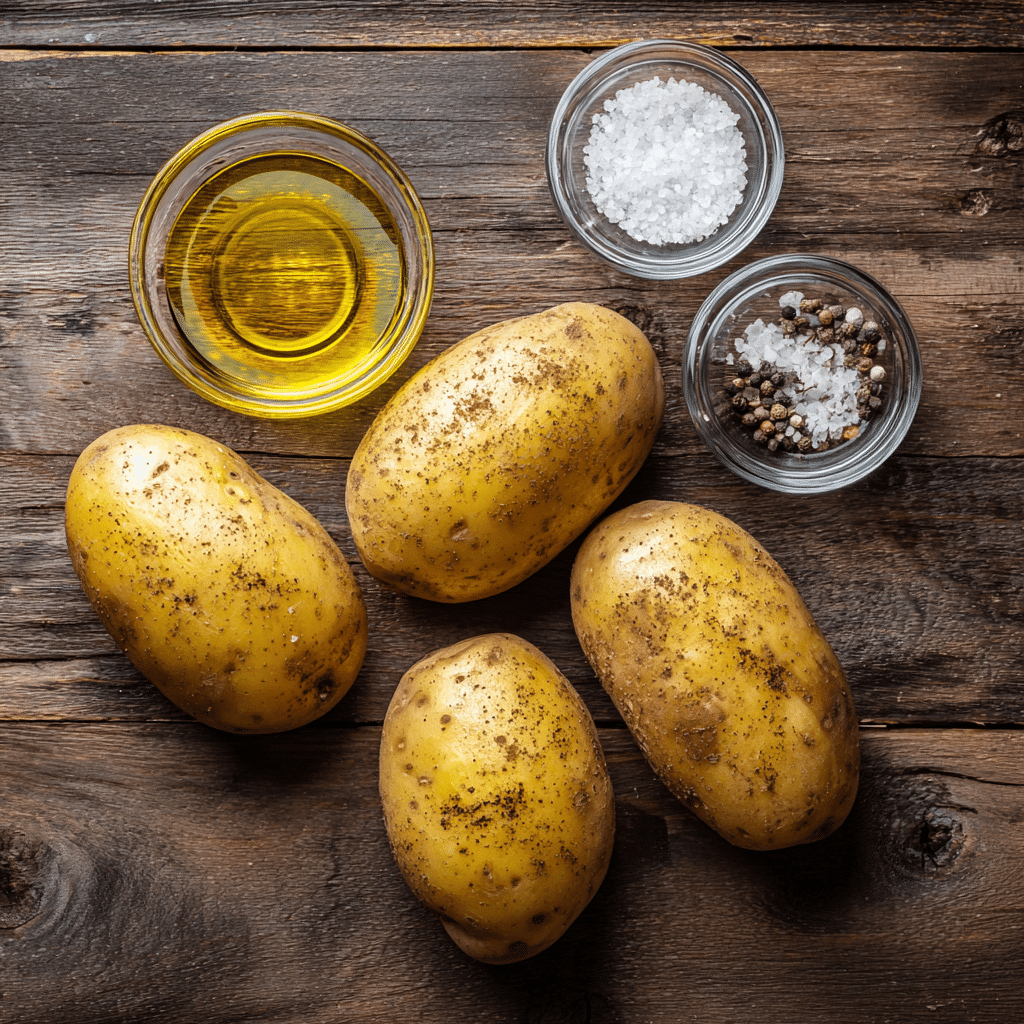 Ingredients for air fryer baked potato including russet potatoes, olive oil, salt, and pepper.”