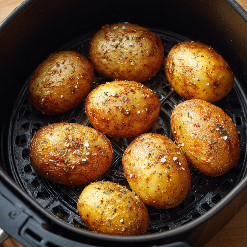 “Seasoned russet potatoes in air fryer basket cooking at 400 degrees.”