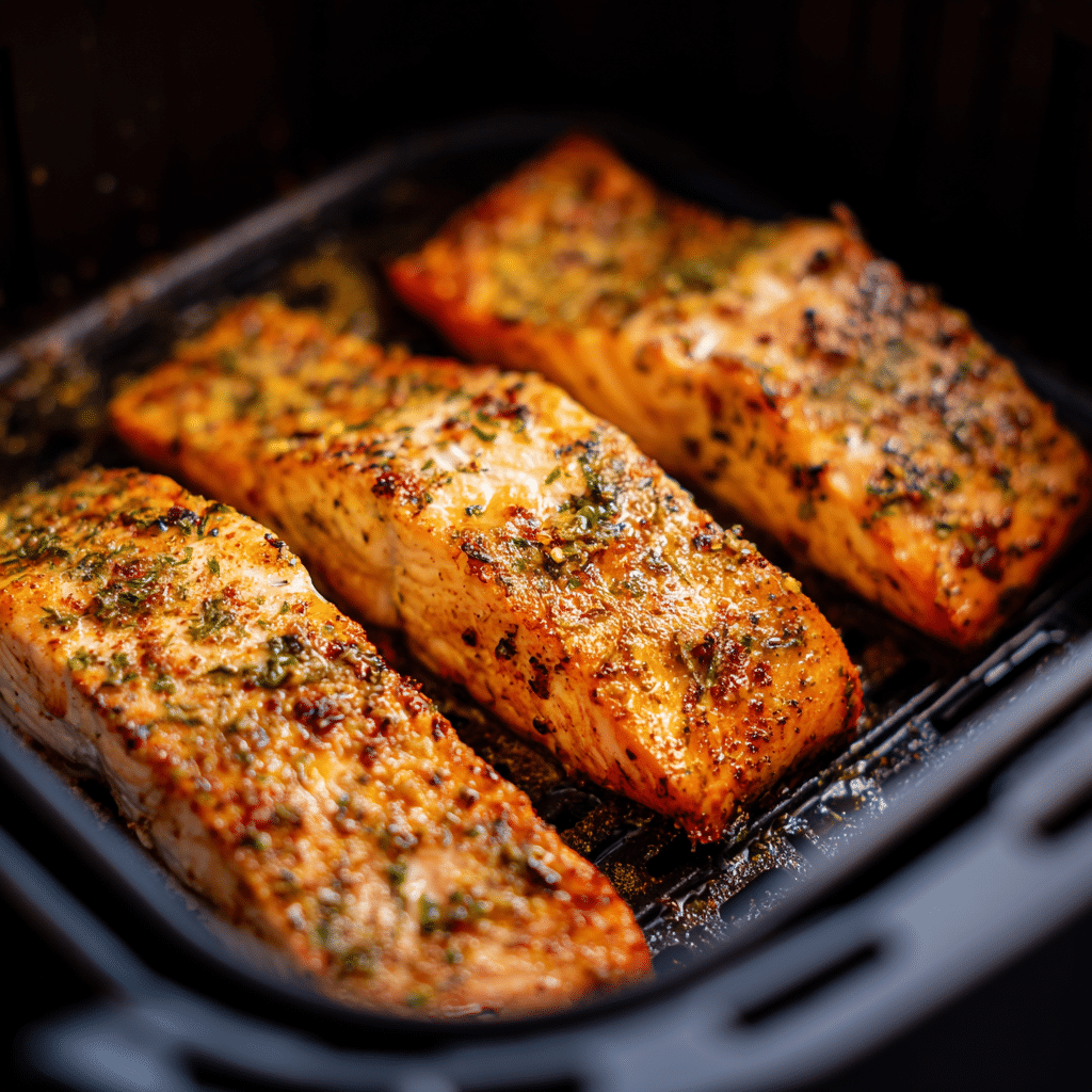 Seasoned Salmon Fillets Cooking in an Air Fryer Basket