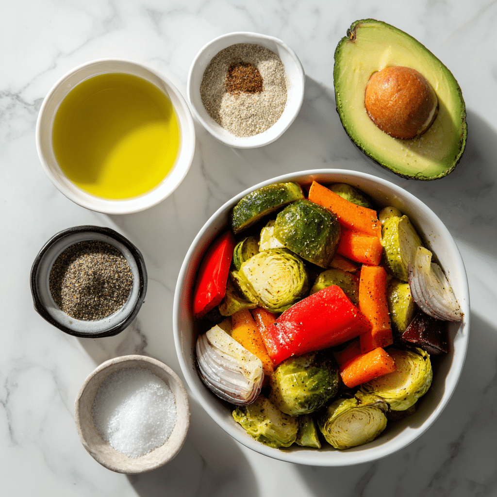 Air Fryer Frozen Vegetables: 15-Minute Crispy Side Dish You’ll Love 6 "Ingredients for air fryer frozen vegetables including frozen mixed vegetables, avocado oil, and seasonings on a marble background."