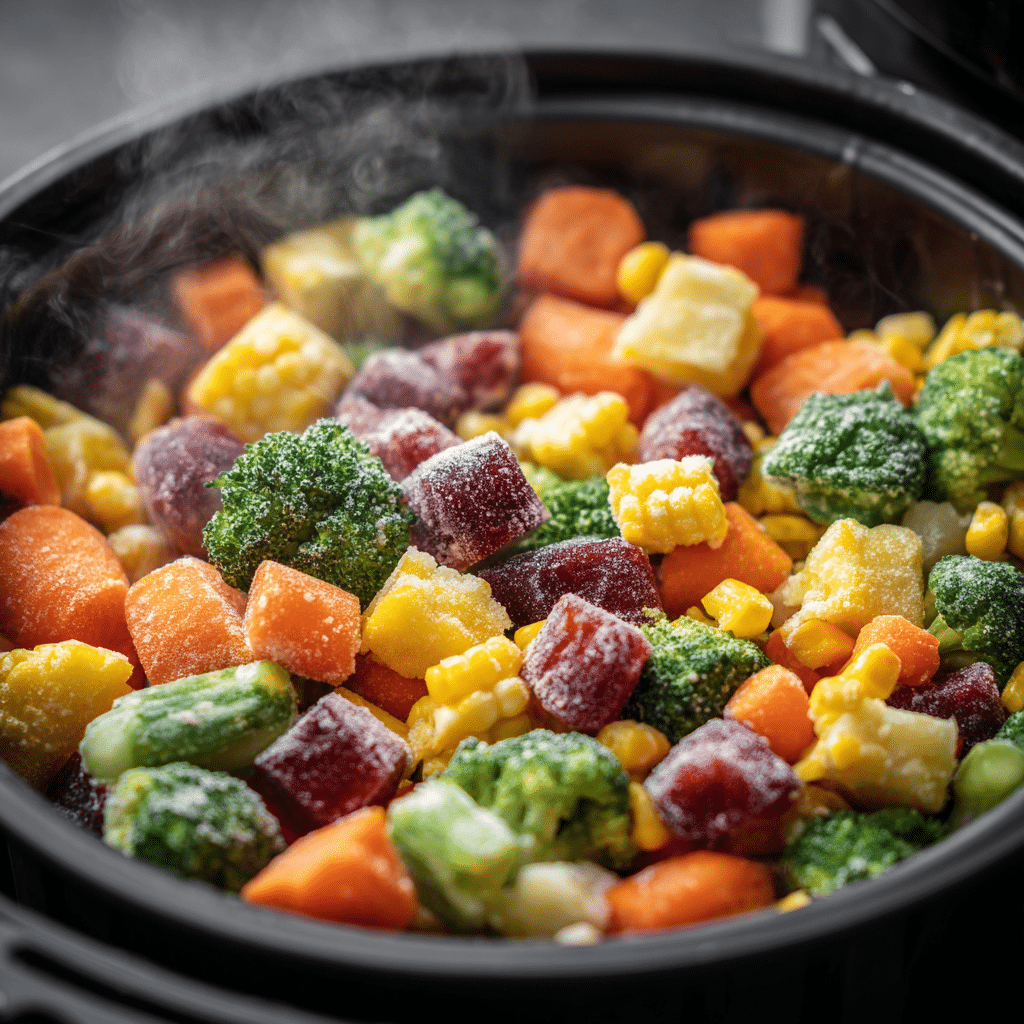 Air Fryer Frozen Vegetables: 15-Minute Crispy Side Dish You’ll Love 7 "Frozen vegetables cooking in a black air fryer basket with crisping edges and steam rising."