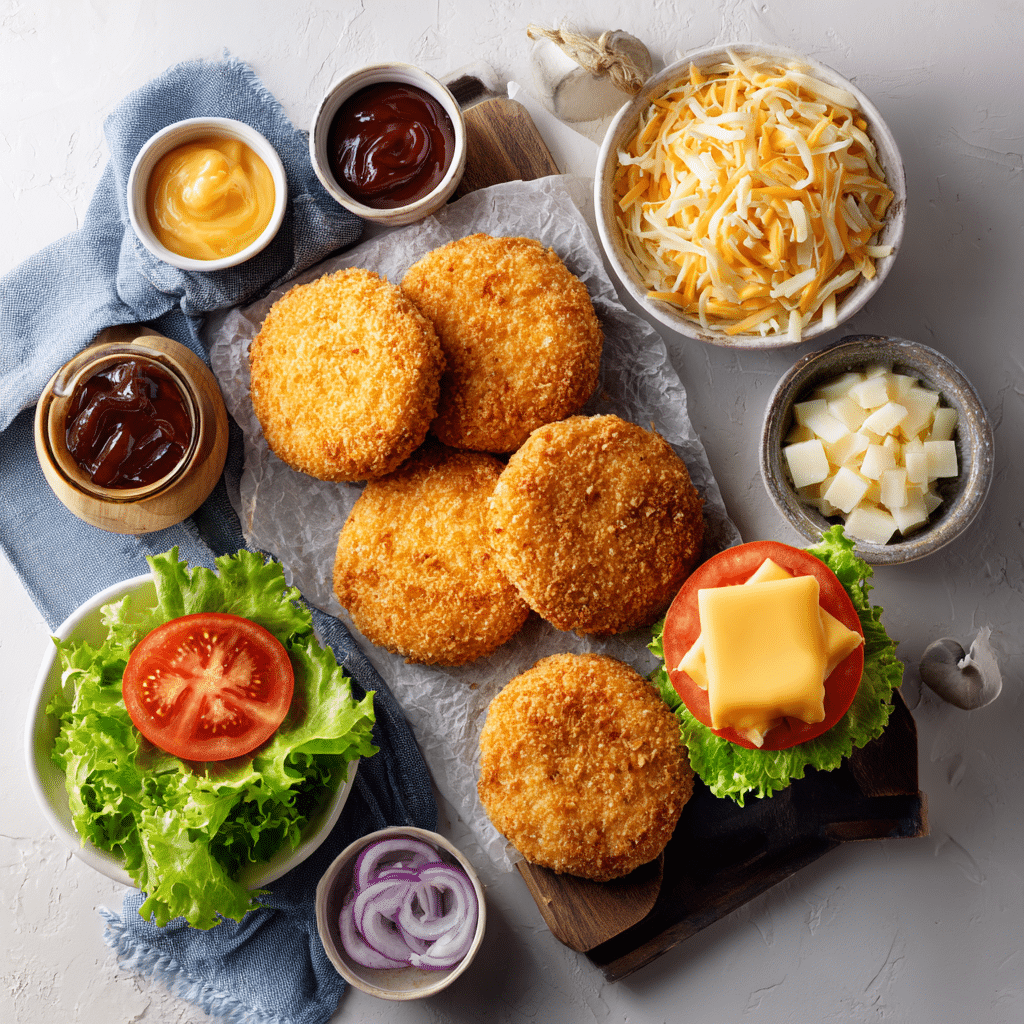 Ingredients for frozen chicken patties in air fryer with toppings and condiments.
