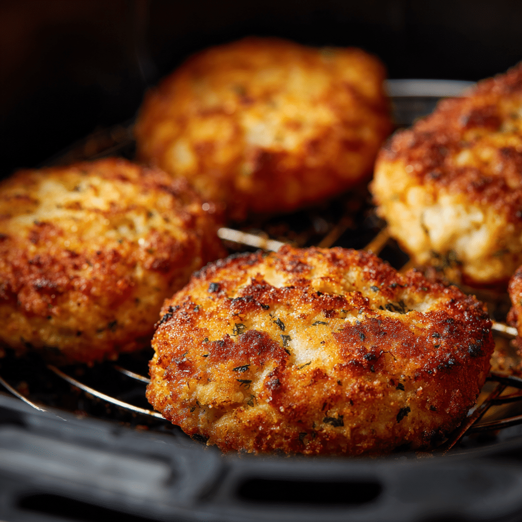 Frozen chicken patties cooking in air fryer for a crispy sandwich.