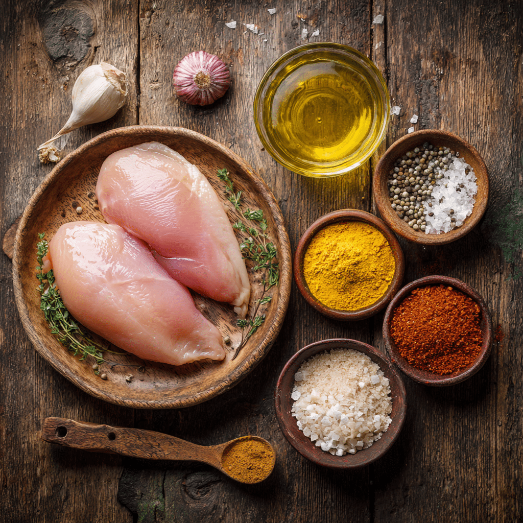 "Ingredients for Air Fryer Turkey Breast including raw turkey, olive oil, and spices arranged on a prep board."