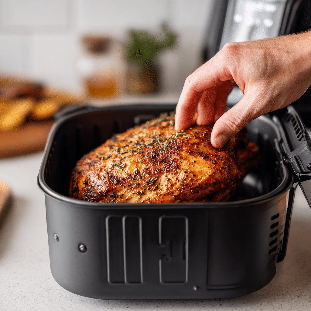 "Placing seasoned turkey breast into air fryer basket for cooking."
