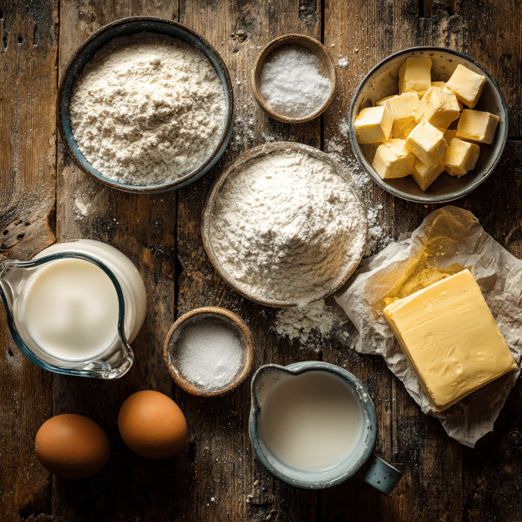 “Air Fryer Bread ingredients laid out: flour, yeast, sugar, milk, butter, salt, and egg for a golden crust.”