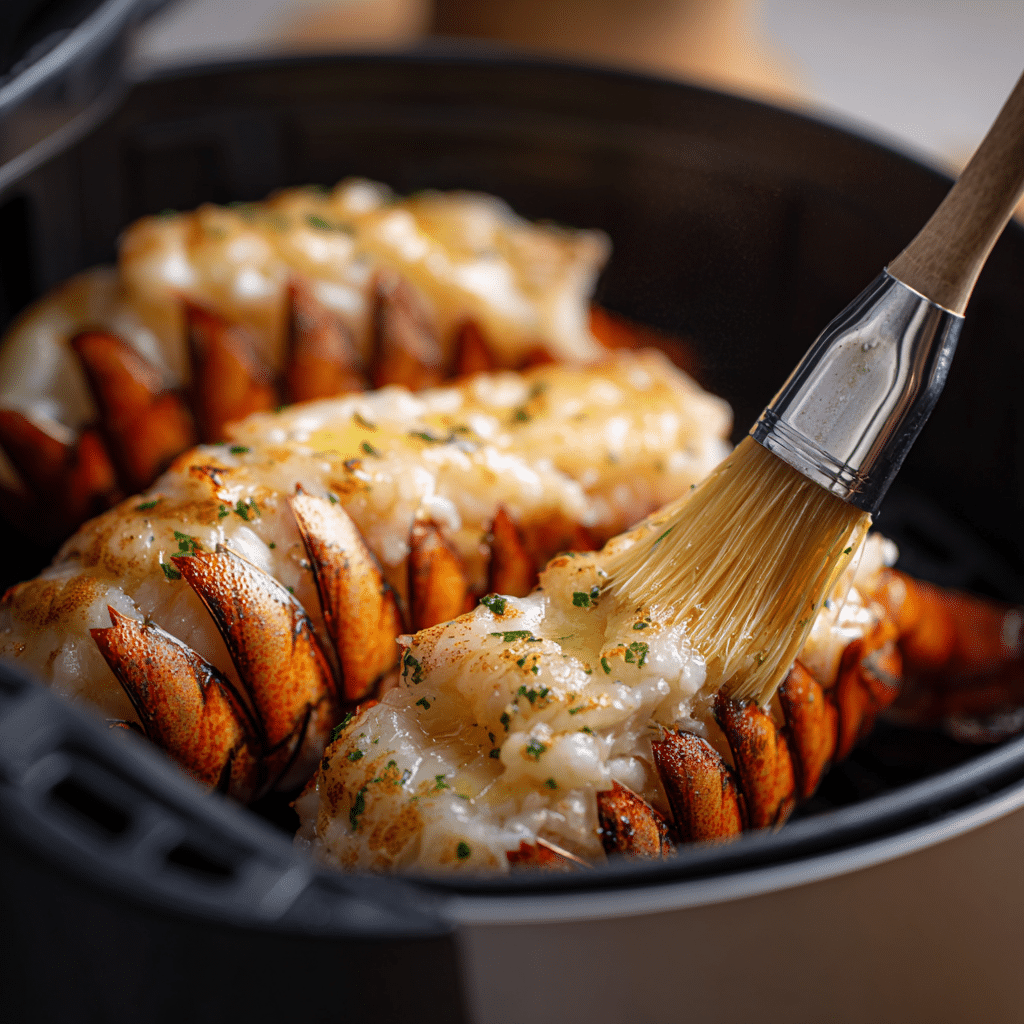 Air fryer lobster tails being brushed with garlic butter during cooking for maximum flavor.