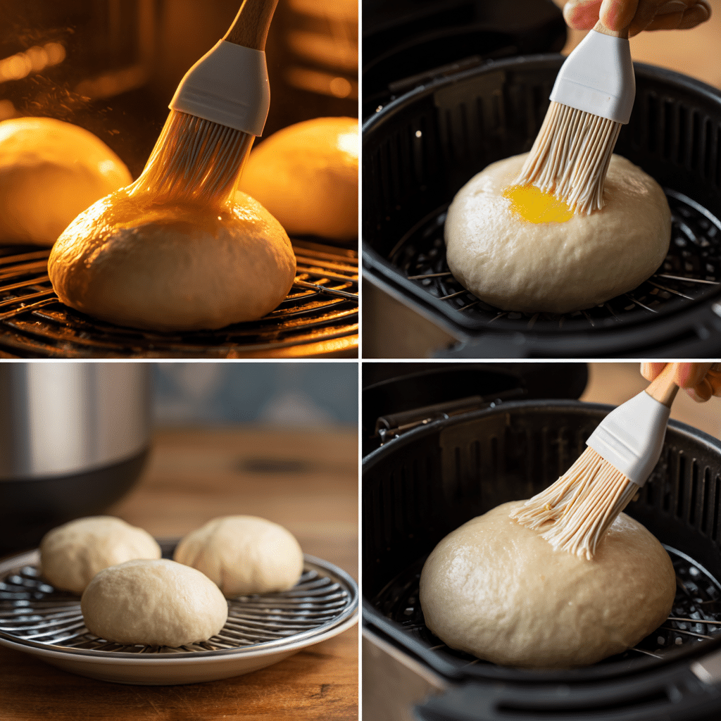 “Applying egg wash to proofed dough before air frying, showing a key step in making golden-crusted Air Fryer Bread.”