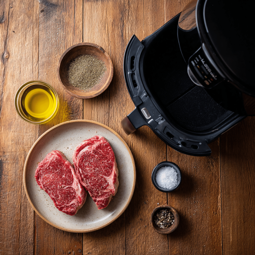 Frozen Steak in the Air Fryer: 5-Minute Prep, Juicy Results 6 Ingredients for making frozen steak in the air fryer including frozen ribeye, olive oil, salt, and pepper.”