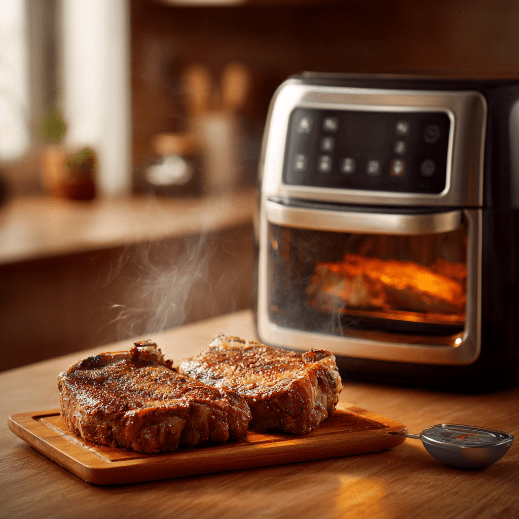 Frozen Steak in the Air Fryer: 5-Minute Prep, Juicy Results 7 Frozen steak halfway cooked in an air fryer basket with browning on the edges.