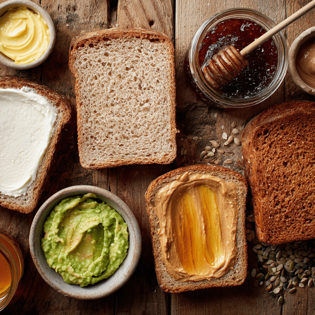 Air fryer toast ingredients including various types of bread and toppings laid out on a kitchen counter.