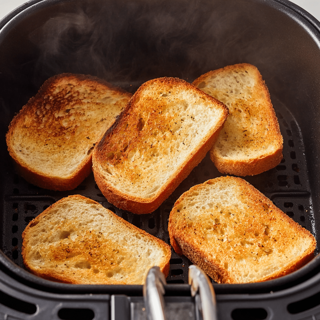 Slices of bread turning golden in an air fryer basket during the cooking process.