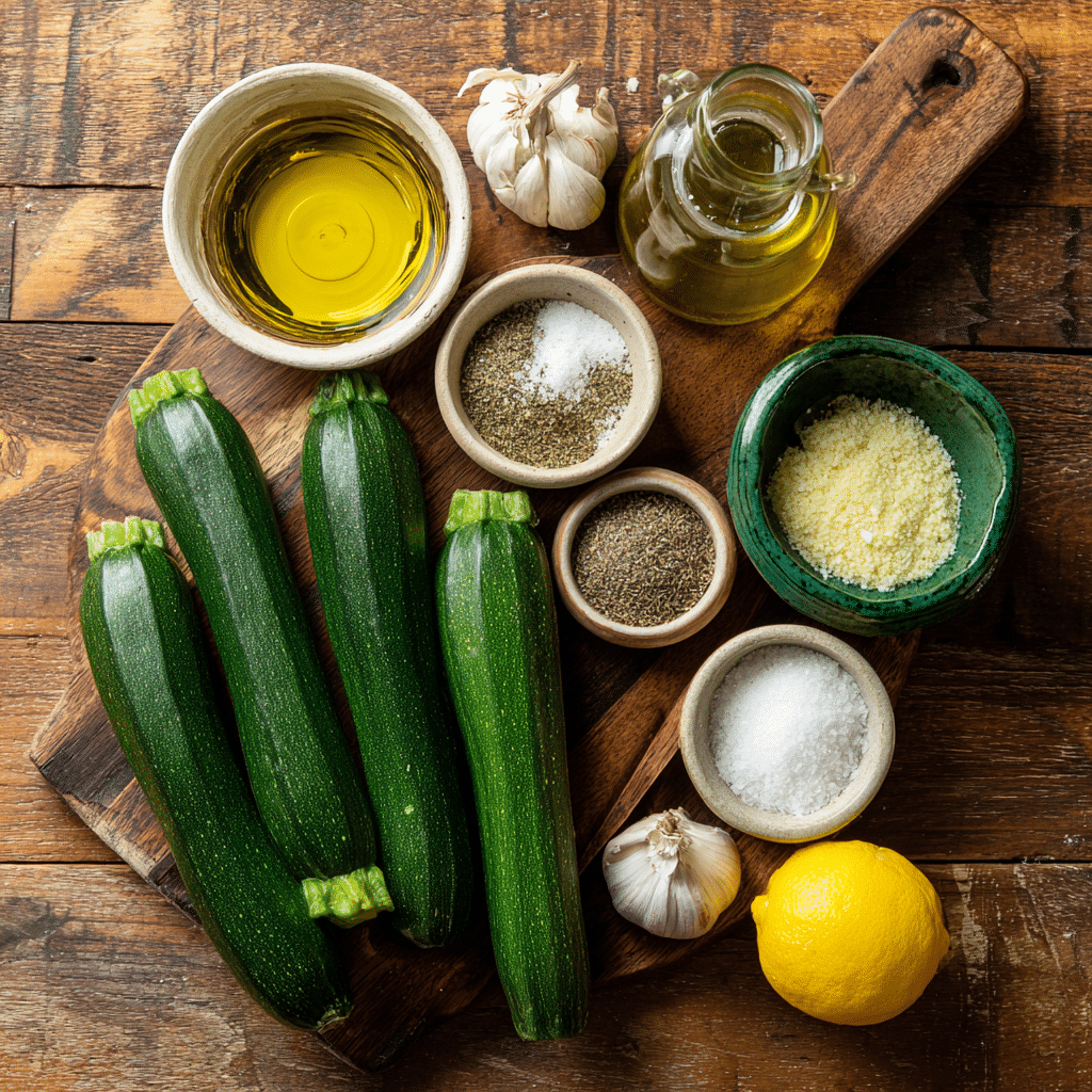 Ingredients for crispy air fryer zucchini including fresh zucchini and olive oil