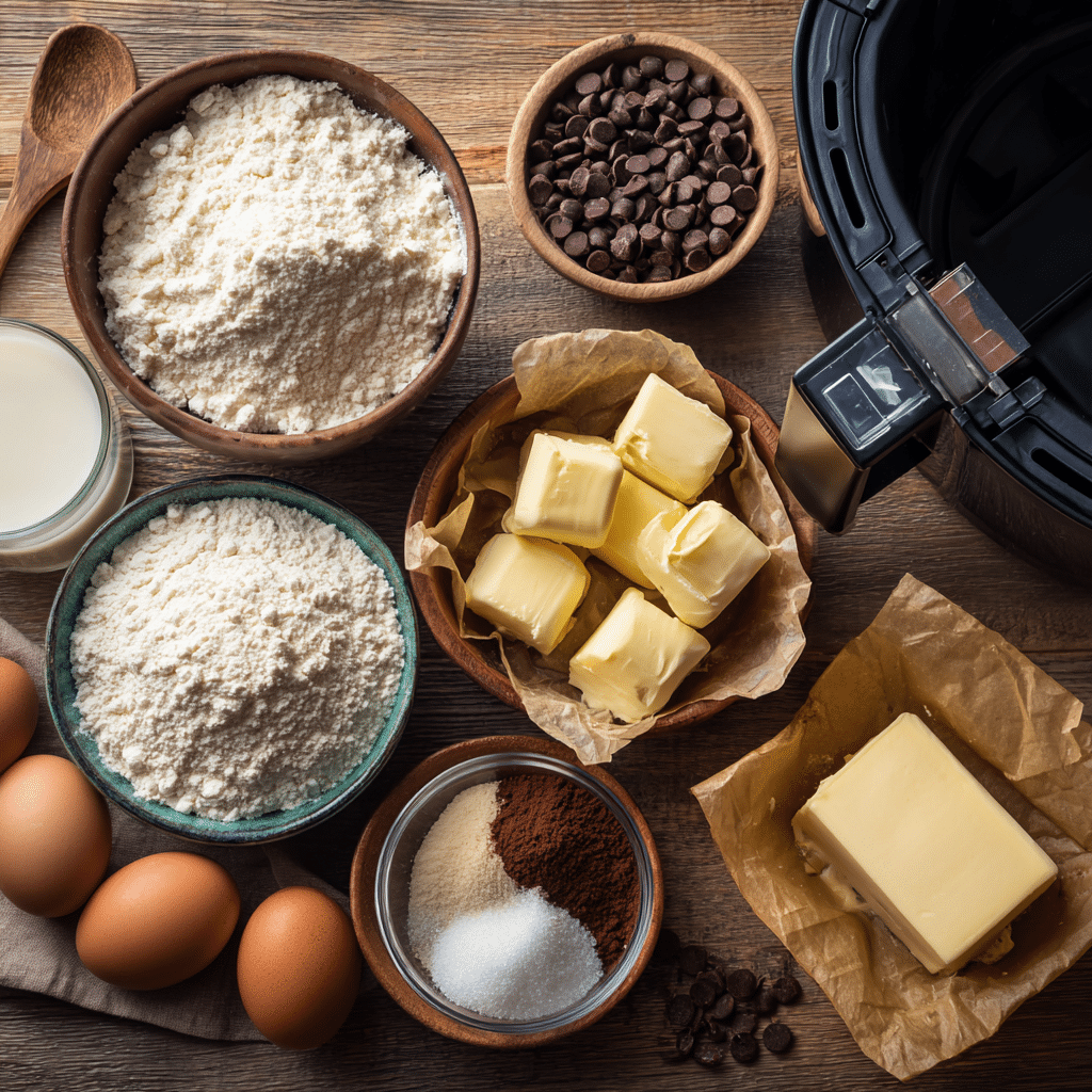 Air Fryer Chocolate Chip Cookies: 7-Minute Cookie Magic 5 “Air fryer chocolate chip cookie ingredients on a kitchen counter”