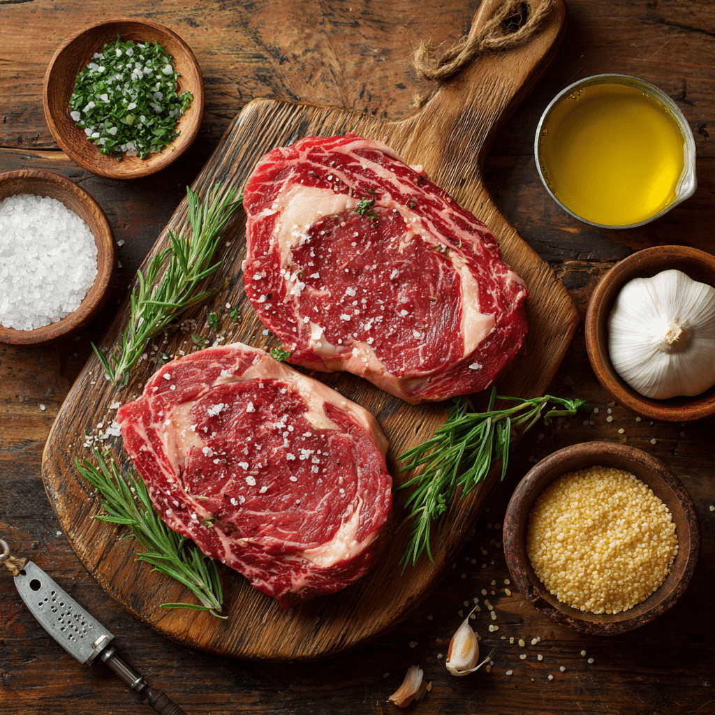 “Air Fryer Ribeye Steak ingredients including raw ribeye, olive oil, salt, pepper, and seasonings on a wooden board”