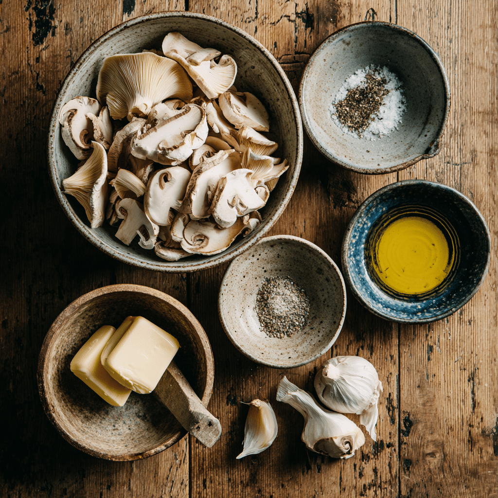 Air Fryer Mushrooms: 7 Irresistible & Crispy Minutes 6 “Ingredients for Air Fryer Mushrooms – sliced mushrooms, garlic, olive oil, salt, and pepper arranged on a wooden surface.”
