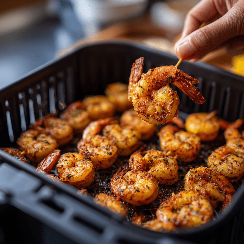 Shrimp skewers being placed into an air fryer basket, seasoned and ready to cook