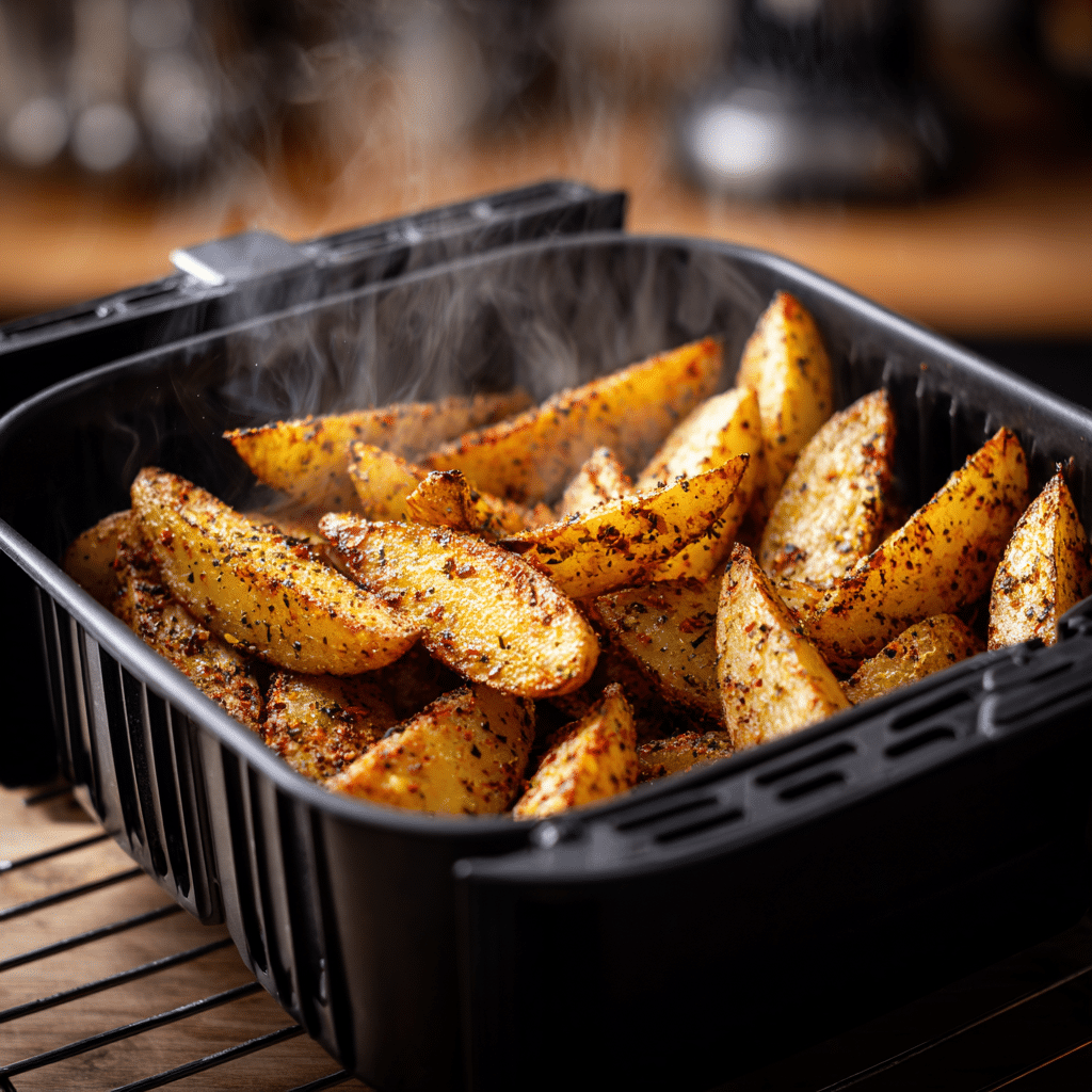 "Seasoned potato wedges cooking in an air fryer basket for cheesy potato recipe."