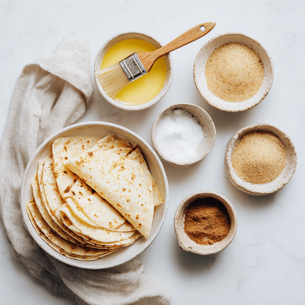 “Ingredients for Air Fryer Cinnamon Sugar Tortilla Chips laid out on a kitchen counter.”