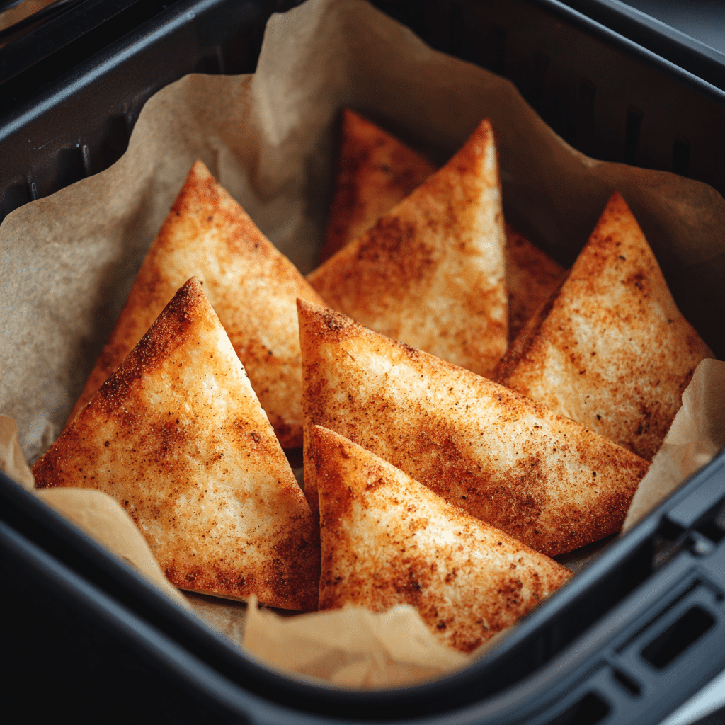 “Cinnamon Sugar Tortilla Chips cooking in an air fryer basket lined with parchment paper.”