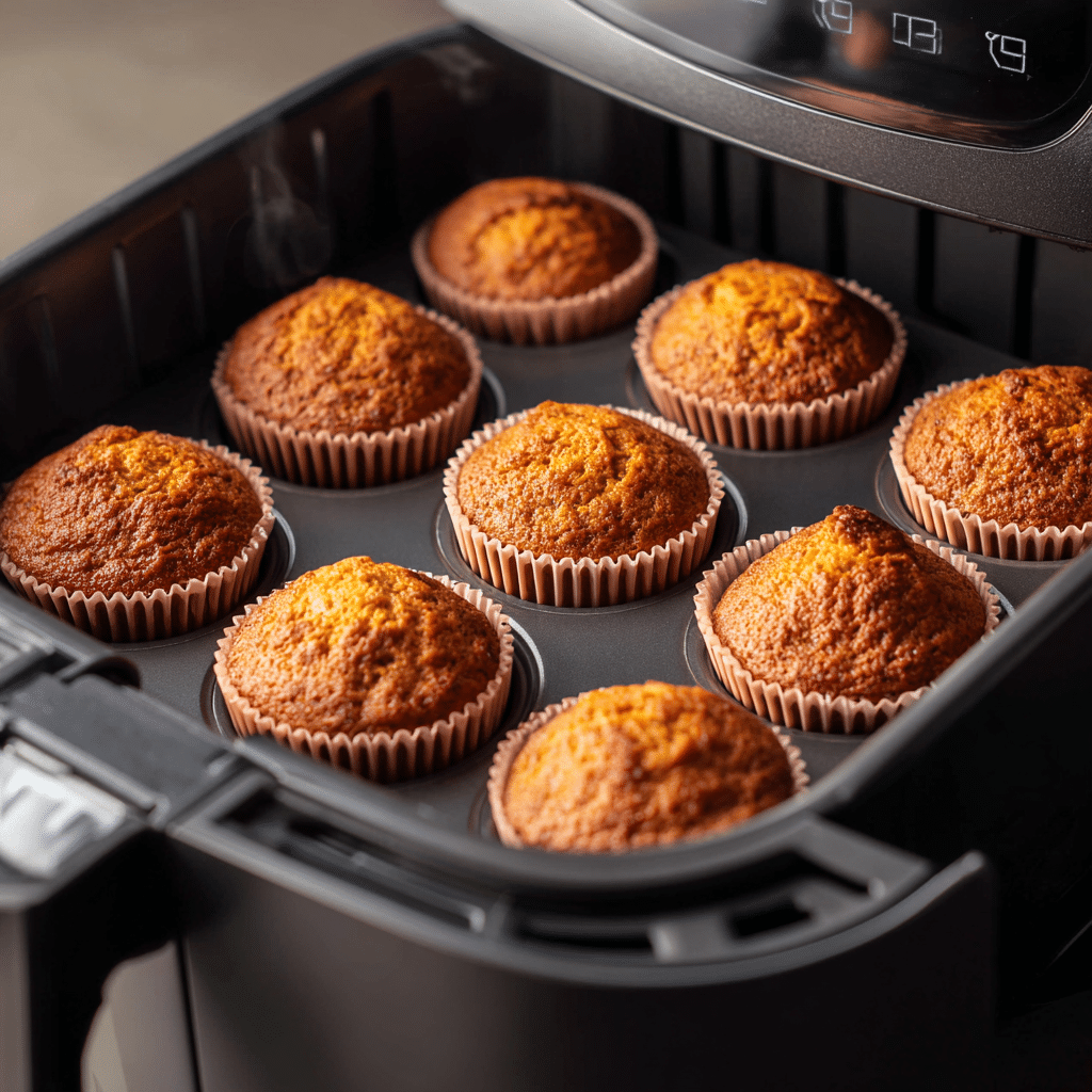 Air Fryer 2 Ingredient Pumpkin Muffins – 23-Minute Miracle Treat! 7 “Pumpkin muffins baking in air fryer silicone liners with golden tops rising”