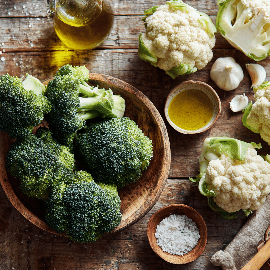 Ingredients for Air Fryer Broccoli and Cauliflower arranged on a wooden kitchen counter with olive oil and spices.